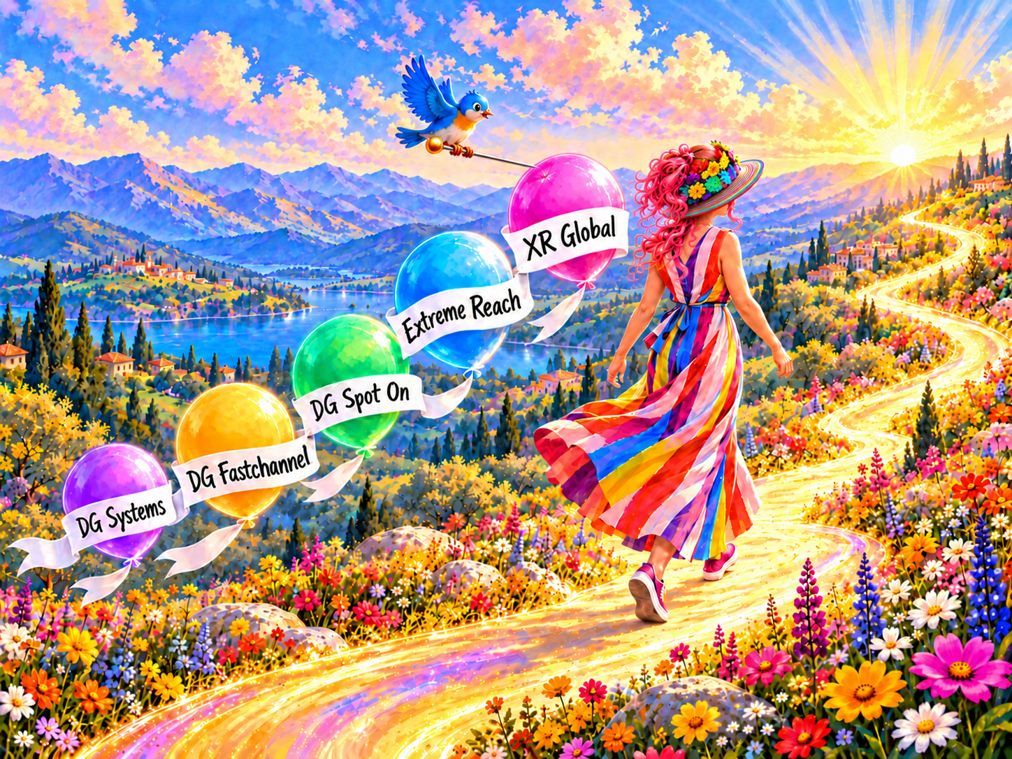 A colorful fantasy illustration of Rocky walking toward a bright future, with her company chapters floating behind her on balloons and a bluebird poised to pop the XR Global balloon.